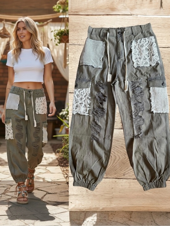 POL Pants - POL Women’s Vintage Wash Crochet Patchwork Distressed Jogger Cargo Pants Large